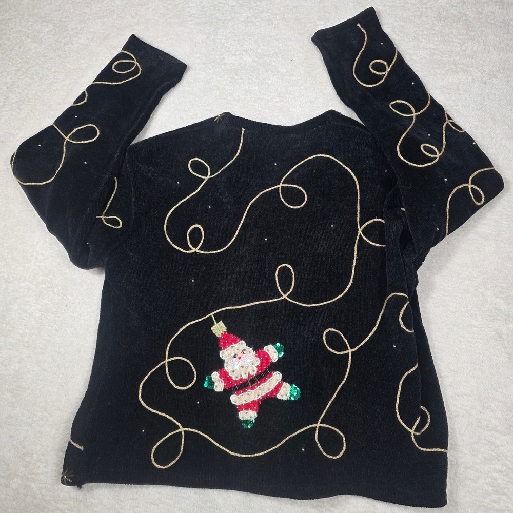 Christopher Radko Cardigan Women Medium Black Santa Sequin Holiday Knit - Picture 2 of 8